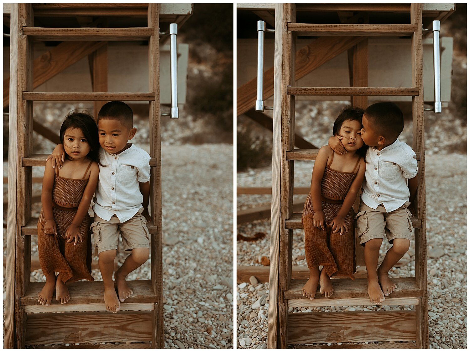 siblings sitting on lifeguard tower during family photo session